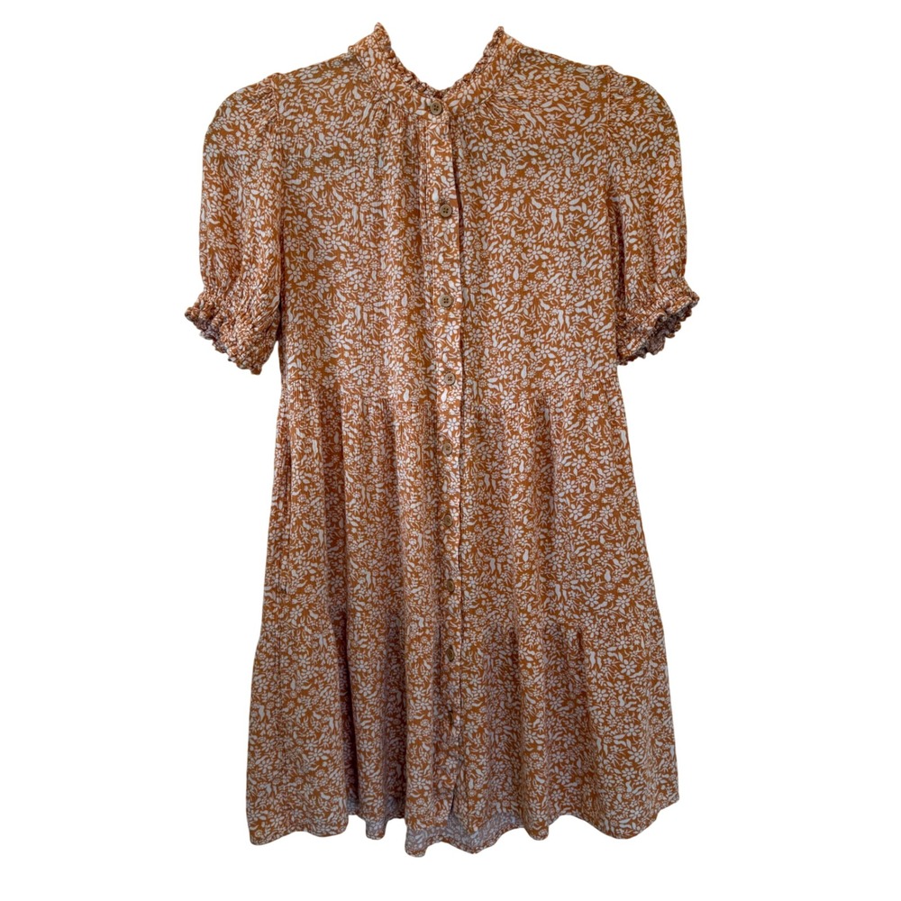 Cat & Jack Girls Orange Floral Tiered Button Front Dress Pockets Size L 10/12‎